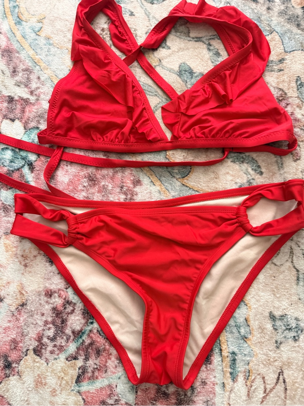 Shade & Shore Red Ruffle Triangle Bikini Set